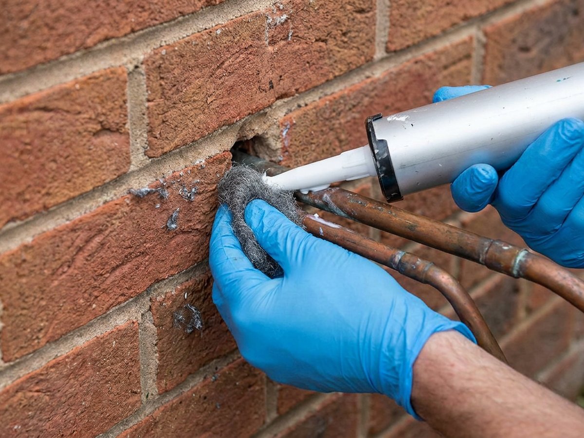 Sealing a rodent entry point at a slab-edge weep hole in Dallas, TX